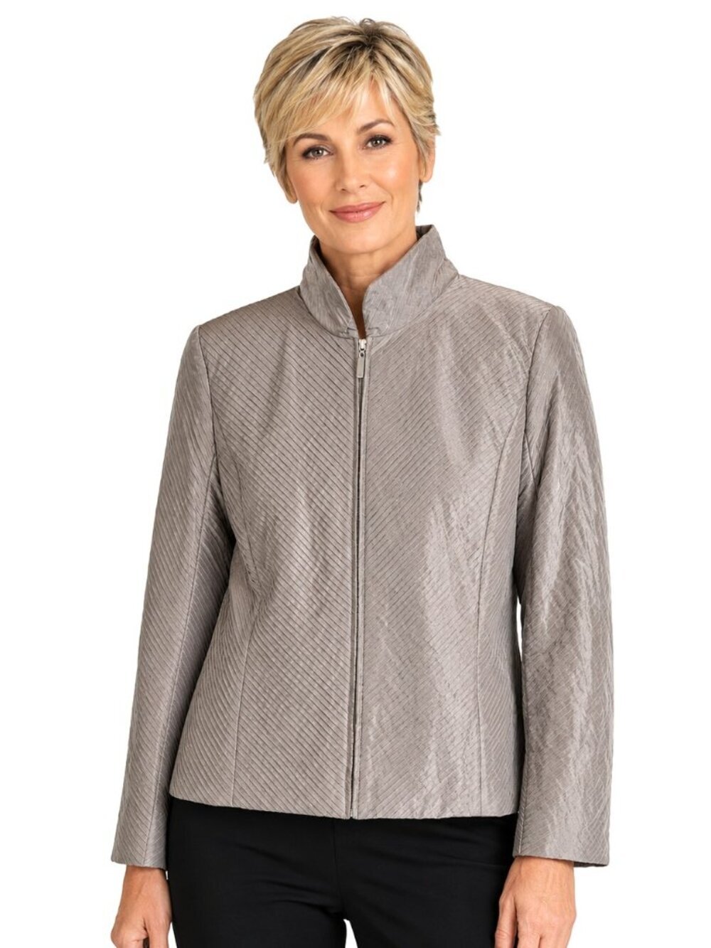 Linda Allard Ellen Tracy Grey Pleated Silk Full Zip Jacket